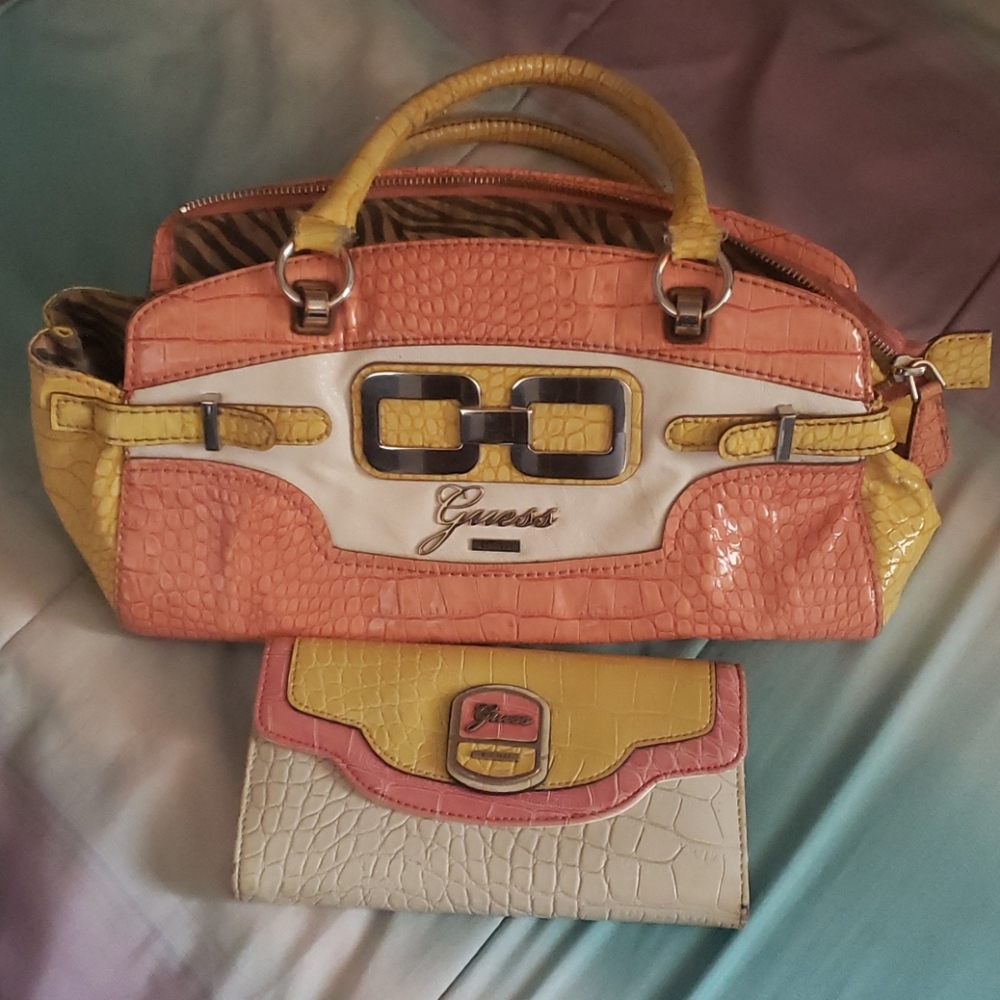 Guess coral, yellow and white purse wallet combo
